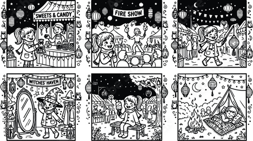 Black and white line art vector of children enjoying sweets fire show and halloween costume party at lantern decorated night market festival under starry sky