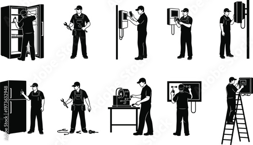 Appliance Repair Specialist Silhouettes Set Featuring Technicians Fixing Refrigerators,Electricians Troubleshooting Control Panels, Industrial Machine Maintenance, and HVAC Service Handymen