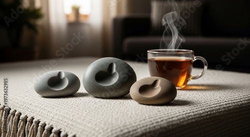 Still Life with Stone Sculptures and Steaming Tea Cup on Textured Tablecloth