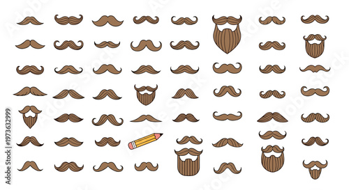 Extensive collection of various mustache and beard styles for men displayed in grid layout with yellow pencil icon on white background.