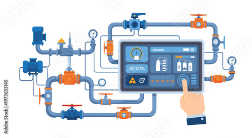 A human hand touches a digital control panel connected to an intricate network of blue industrial pipes and valves in a bright and modern environment.