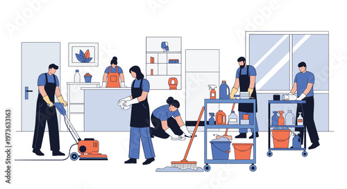Professional cleaning service team uses specialized equipment and supplies to maintain hygiene in modern office or domestic environment.