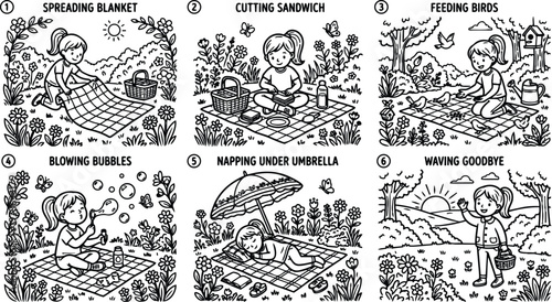 Black and white line art vector set showing girl spreading blanket cutting sandwich feeding birds blowing bubbles napping under umbrella and waving goodbye in garden