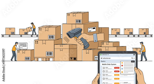 Efficient warehouse inventory management with scanning and digital tracking system.