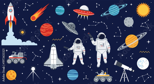 Massive set of space themed pixel art icons includes rockets, astronauts, planets, UFOs, stars, and various galactic objects on dark background.