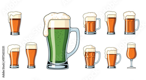 Diverse collection of beer glasses shows different types of lager and ale with thick foam tops including one festive green beer.