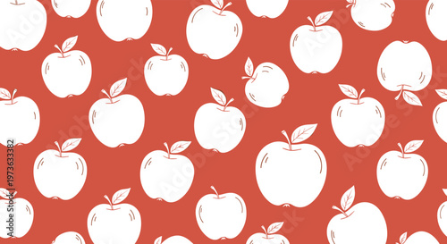 Vibrant red background features repeating pattern of white hand drawn apple outlines creating minimalist and modern fruit themed wallpaper.