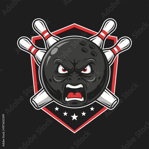 Angry bowling ball mascot with pins and shield emblem.