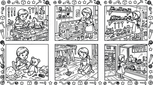 Black and white vector art of smiling little girl making wooden toys painting chest organizing toy trains kneeling playing with spinning top in toy store window display scene detailed line art