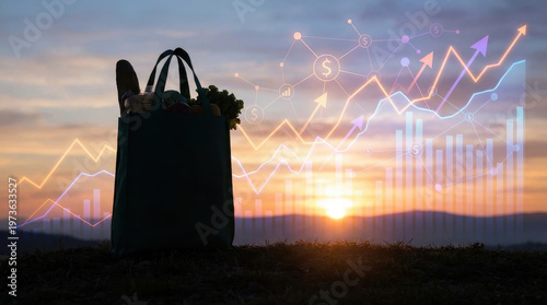 Inflation crisis concept with a shopping cart in a supermarket and a rising graph.