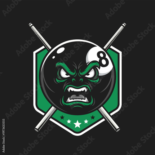 Angry Eight Ball Billiards Mascot with Crossed Cues.