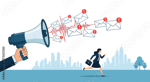 Information overload concept depicts businesswoman running away from giant megaphone blasting out numerous email notifications with alerts.