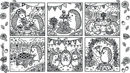 Cute hedgehog family enjoying tea party picnic birthday celebration with cupcakes flowers and festive decorations in garden scene line art vector