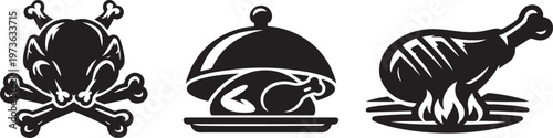 Baked turkey and grilled chicken festive food icon collection isolated
