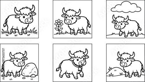 Small cute yak with different grass backgrounds