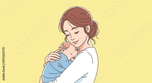 Woman holding newborn baby close.