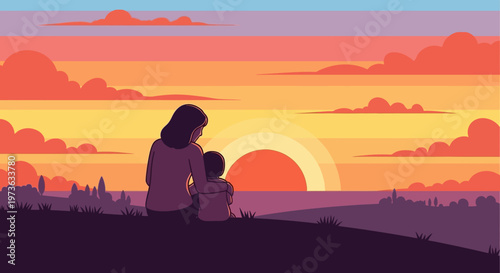 Woman holding little child silhouette sunset.