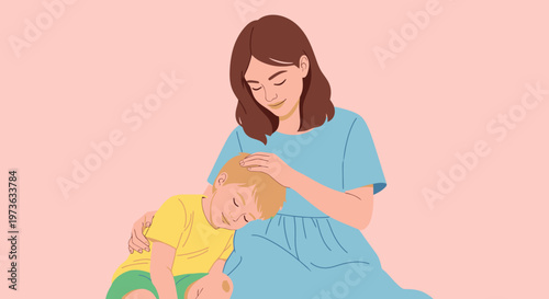 Woman holding sleeping baby close.