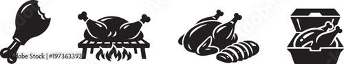  Baked turkey and grilled chicken food icons for Christmas holiday isolated