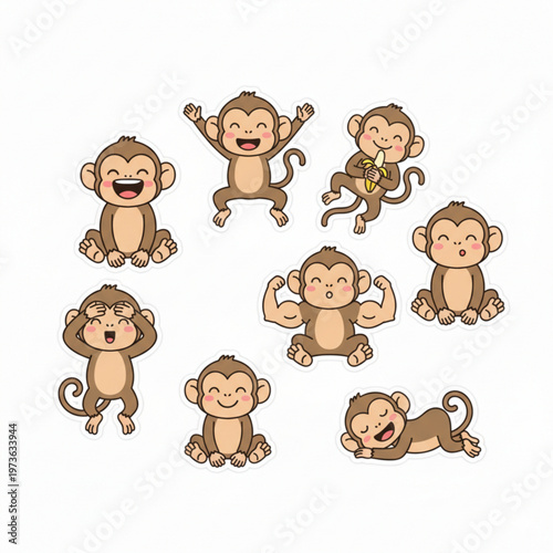 Cartoon monkey sticker collection with funny jungle primates in playful poses vector set