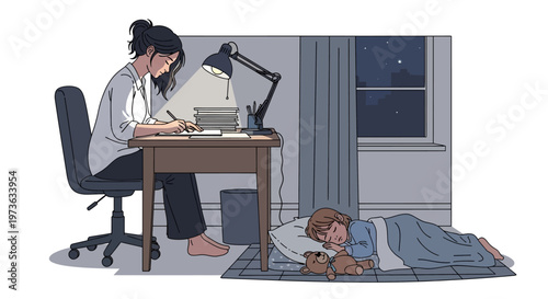 Woman sitting at desk with child.