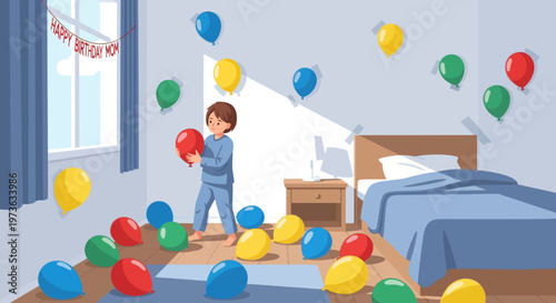 Young boy playing with colorful balloons.