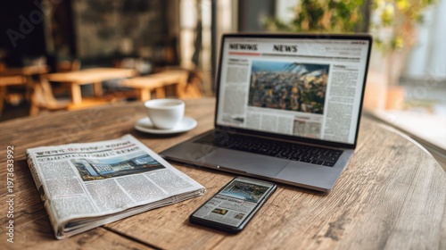 Watching news online on laptop with mobile newspaper technology
