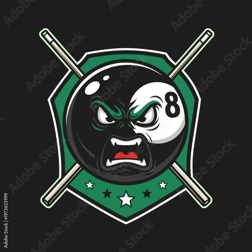 Angry Eight Ball Billiards Mascot with Crossed Cues.