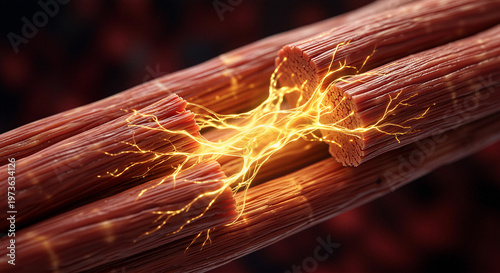 Damaged muscle fibers reconnected by glowing yellow energy threads in a macro perspective. Concept of healing and tissue regeneration process