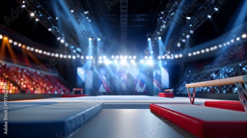 Empty gymnastics arena during a professional sport event. Bright spotlights shine over the floor and equipment, crowds viewing