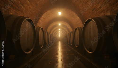 Cinematic winery cellar interior with rows of oak barrels stacked on metal racks, warm lighting creates rustic and inviting atmosphere, stone arch ceiling enhances vintage charm