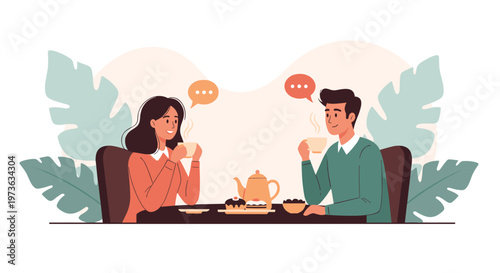 Romantic date or friendly meeting shows man and woman sitting at table drinking tea and talking with speech bubbles in cozy setting.