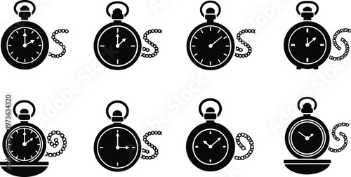 Vintage pocket watch icons set detailed black and white illustrations for timekeeping antique designs and historical concepts