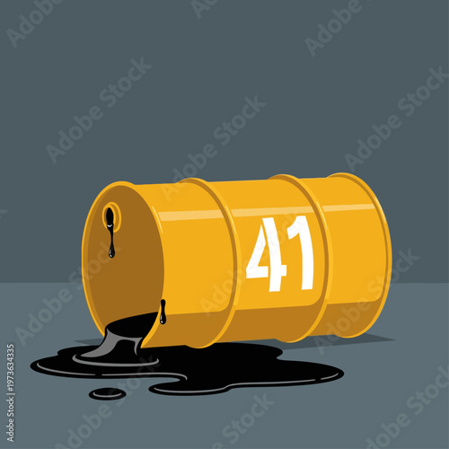 oil barrel spilling black crude oil onto a dark floor representing environmental pollution and industrial challenges.