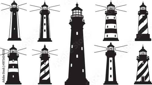 Collection of various lighthouse silhouettes in black and white