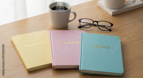 Study Essentials: Books, Coffee, and Glasses on Wooden Desk