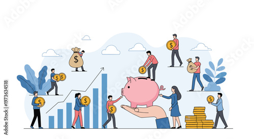 Collective saving and investment concept shows many people contributing gold coins to giant piggy bank held by large supportive hand.