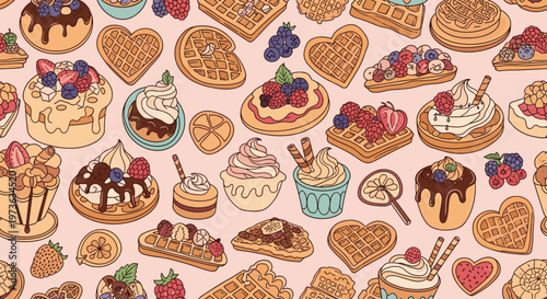 Sweet dessert pattern features colorful assortment of waffles with berries, chocolate cupcakes, and fruit tarts on soft pink background.