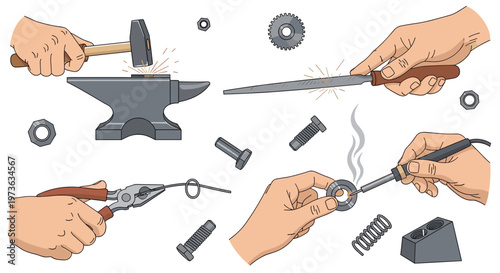 Skilled hands perform intricate mechanical tasks using a hammer, file, pliers, and soldering iron on metal components in a workshop with industrial tones.