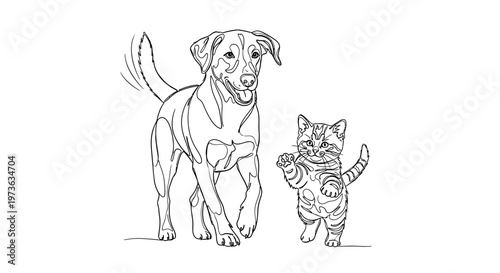 Dog and cat stand together, illustrating a heartwarming companionship.