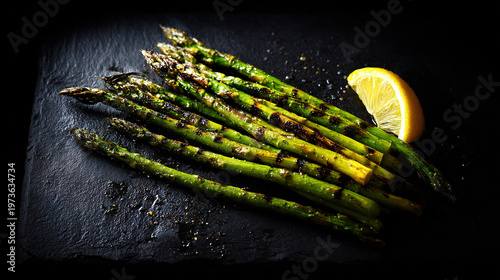 Roasted Asparagus with Lemon Slice on Dark Slate