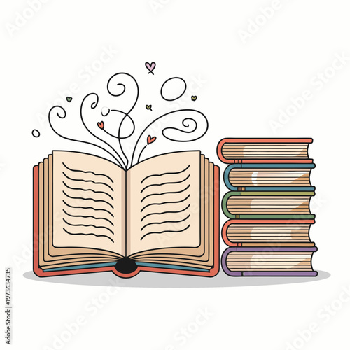 Open Book With Hearts And Stacked Books Illustration