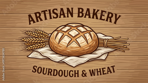 Artisan Bakery Sourdough Loaf and Wheat Design on Rustic Wooden Texture Background