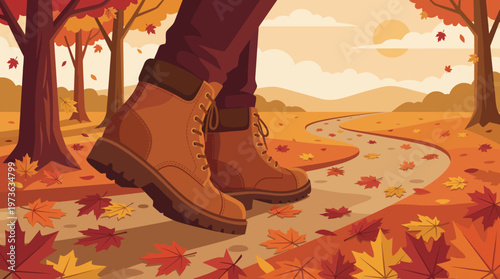 Vibrant autumn stroll on forest trail with colorful leaves and warm sunlight