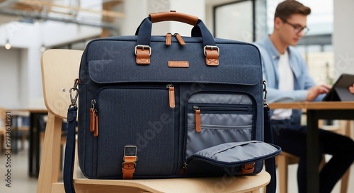 Stylish Blue Briefcase with Leather Accents on Wooden Chair, Man Working in Background