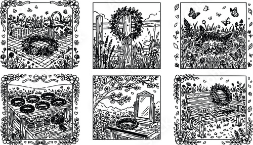Detailed monochrome floral wreath vector art featuring picnic baskets garden fence wooden bench and vanity mirror with spring flowers and butterflies in elegant rustic style