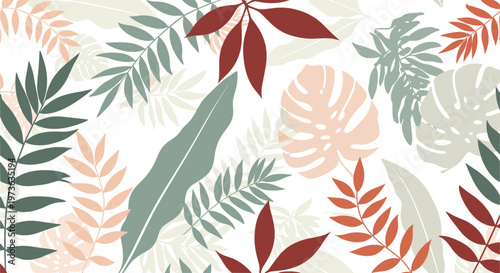 Tropical leaf pattern features variety of palm and monstera leaves in muted earth tones like terracotta and green on white background.