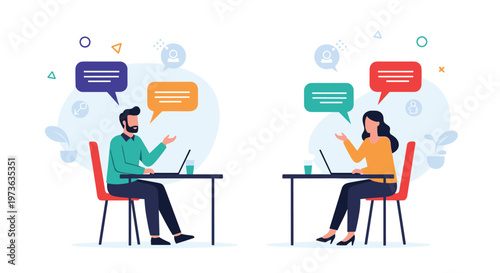 Remote work and online communication concept shows man and woman at desks with laptops having virtual conversation via speech bubbles.