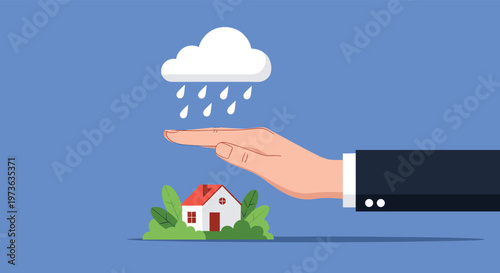 Protective hand shelters small house from falling rain under dark cloud representing home insurance and property security concepts.