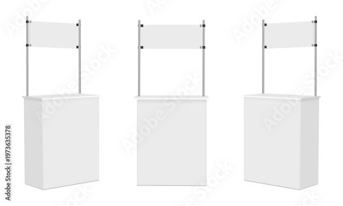 Promo stand mockup set with front and side views for exhibition, trade show and retail branding presentation, isolated on white background